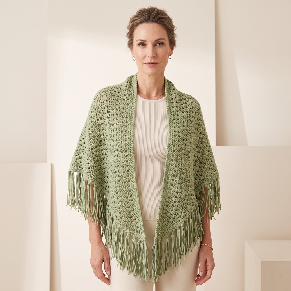 NEW Light Green Hand Knitted Knit Shawl Wrap Boho Hippie Fringe Art Cottage